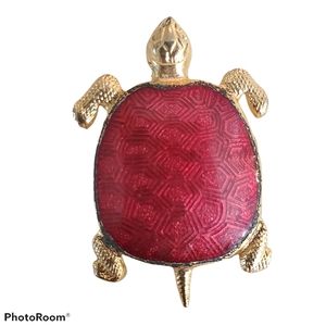 Vintage Gold Tone Maroon Turtle Brooch